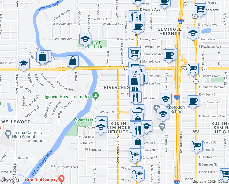 map of restaurants, bars, coffee shops, grocery stores, and more near 305 West Haya Street in Tampa