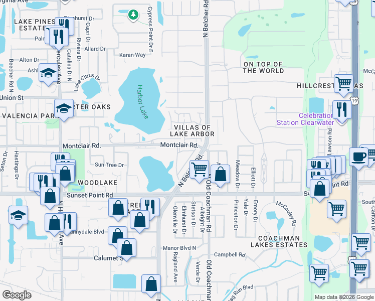 map of restaurants, bars, coffee shops, grocery stores, and more near 2256 Montview Drive in Clearwater