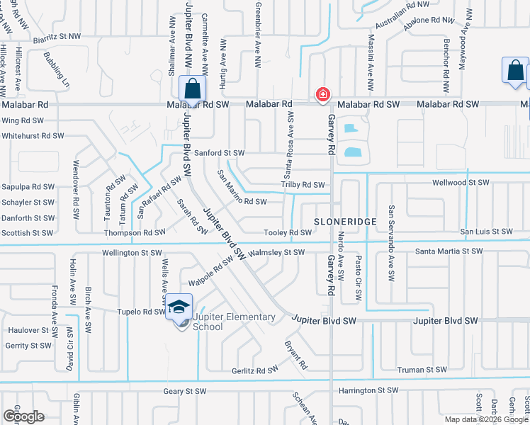 map of restaurants, bars, coffee shops, grocery stores, and more near 739 Winchell Street Southwest in Palm Bay