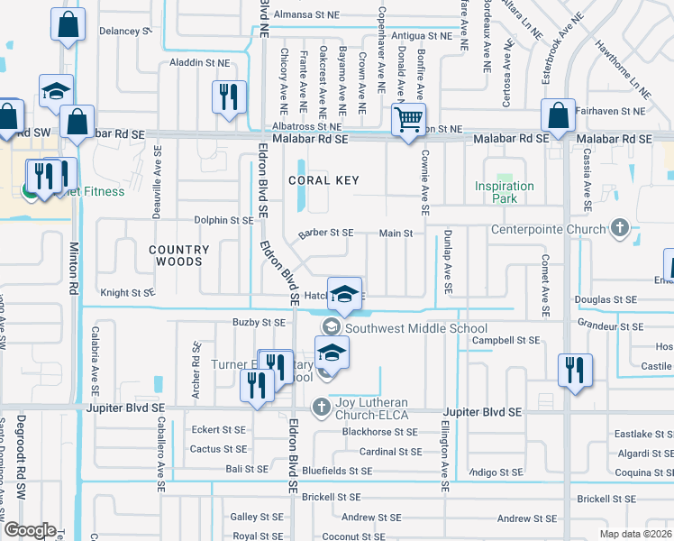map of restaurants, bars, coffee shops, grocery stores, and more near 491 Gregory Street Southeast in Palm Bay