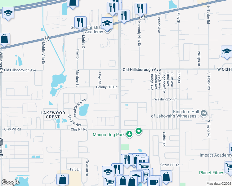 map of restaurants, bars, coffee shops, grocery stores, and more near 11658 Mango Ridge Boulevard in Seffner