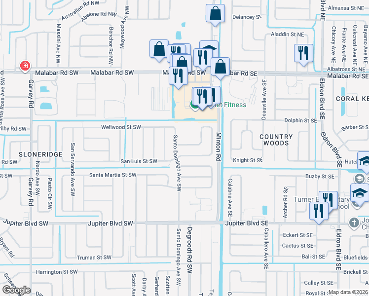 map of restaurants, bars, coffee shops, grocery stores, and more near 213 San Luis Street Southwest in Palm Bay