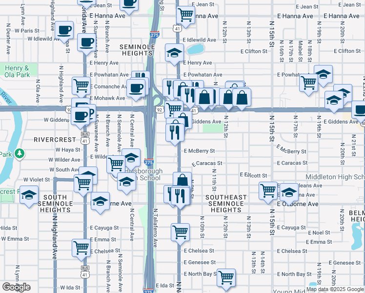 map of restaurants, bars, coffee shops, grocery stores, and more near 904 East McBerry Street in Tampa