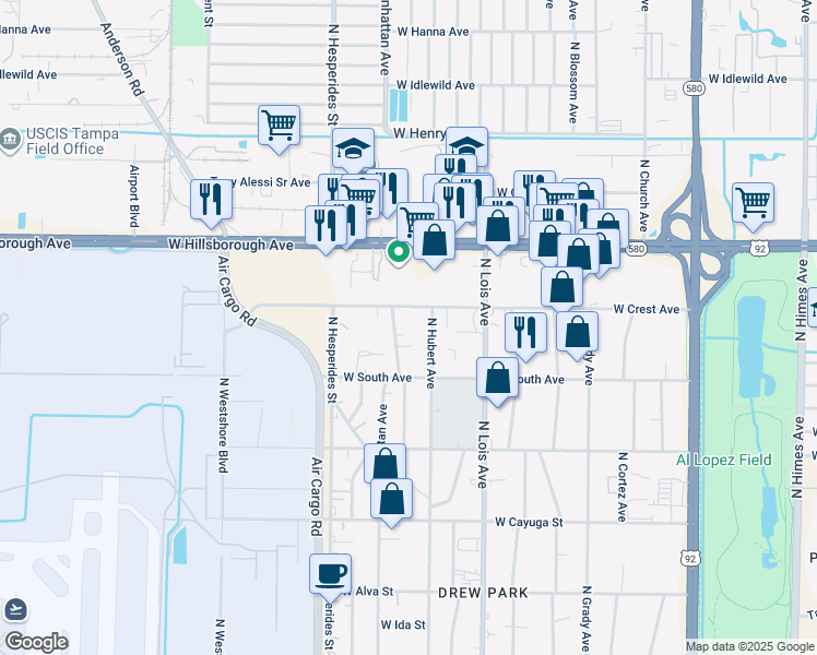 map of restaurants, bars, coffee shops, grocery stores, and more near 5017 North Coolidge Avenue in Tampa