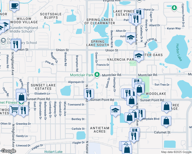 map of restaurants, bars, coffee shops, grocery stores, and more near 1845 Montclair Road in Clearwater