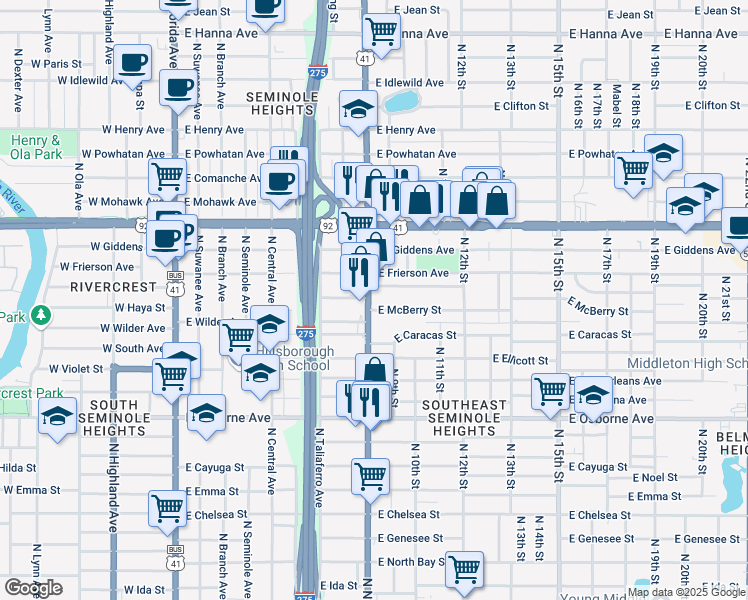 map of restaurants, bars, coffee shops, grocery stores, and more near 5113 North Nebraska Avenue in Tampa