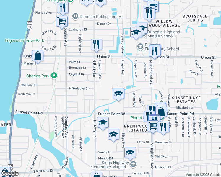 map of restaurants, bars, coffee shops, grocery stores, and more near 1988 Freedom Drive in Clearwater