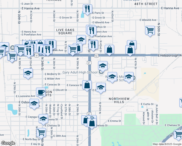 map of restaurants, bars, coffee shops, grocery stores, and more near 5103 North 40th Street in Tampa