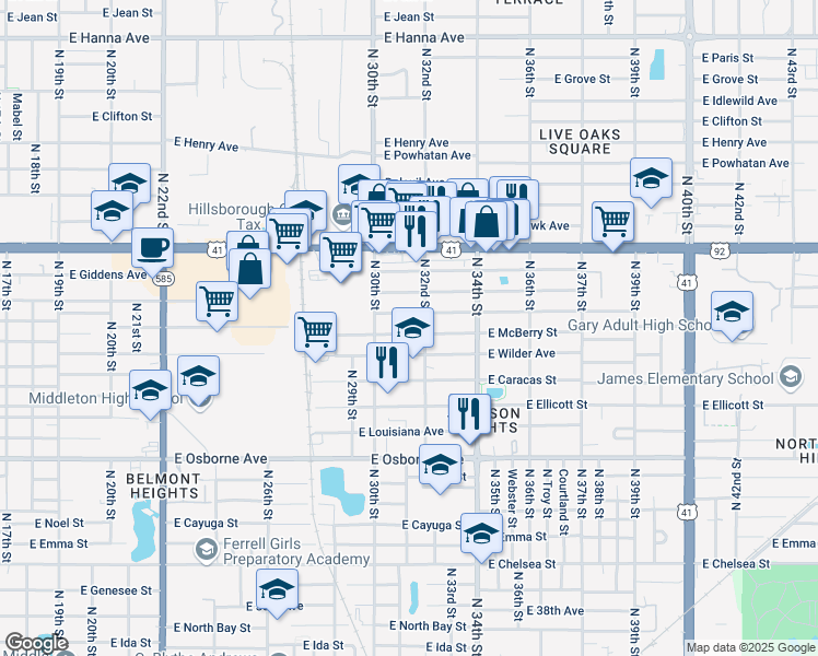 map of restaurants, bars, coffee shops, grocery stores, and more near 3105 East McBerry Street in Tampa