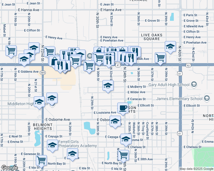 map of restaurants, bars, coffee shops, grocery stores, and more near 3105 East McBerry Street in Tampa