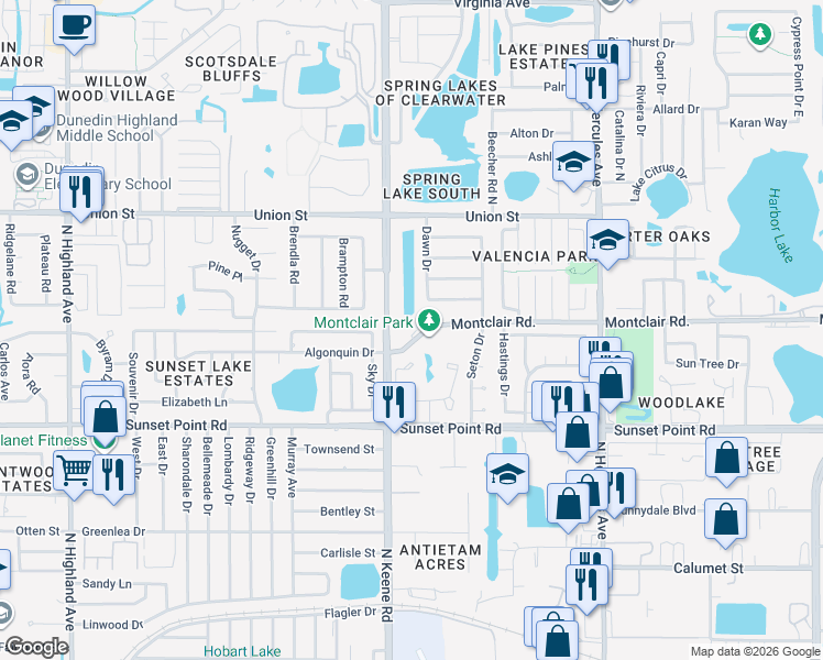 map of restaurants, bars, coffee shops, grocery stores, and more near 1822 Montclair Road in Clearwater