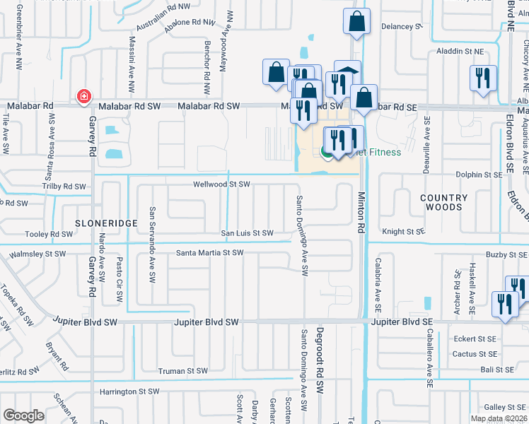 map of restaurants, bars, coffee shops, grocery stores, and more near 316 Trembley Avenue Southwest in Palm Bay