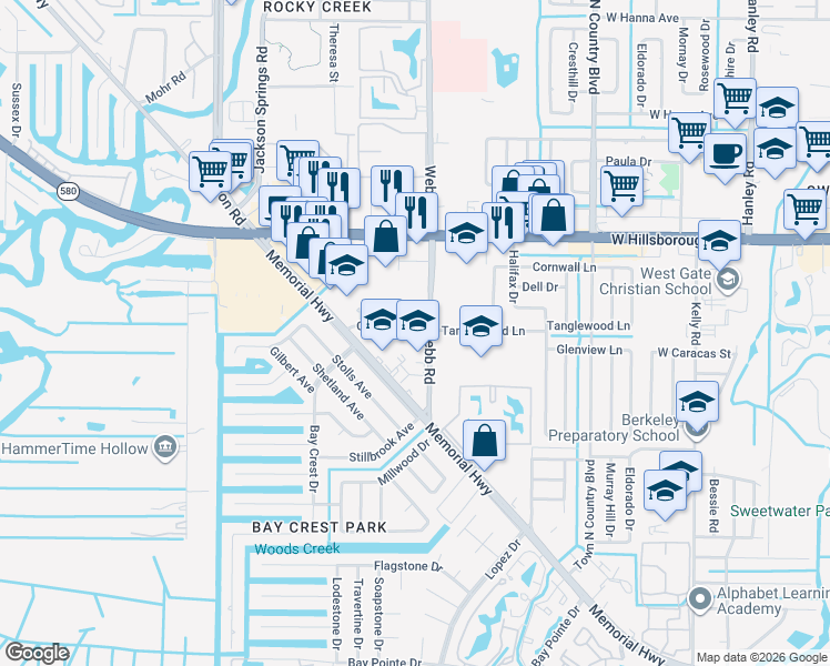 map of restaurants, bars, coffee shops, grocery stores, and more near 8222 Tanglewood Lane in Tampa