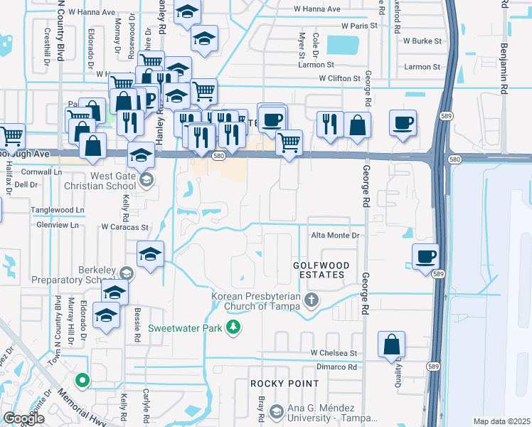 map of restaurants, bars, coffee shops, grocery stores, and more near 6717 Belle Shadow Lane in Tampa
