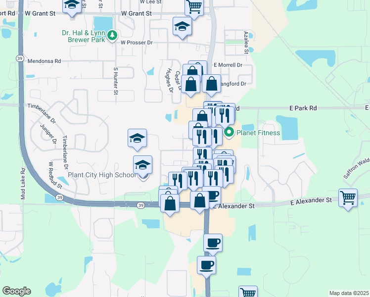 map of restaurants, bars, coffee shops, grocery stores, and more near 110 South Maki Road in Plant City