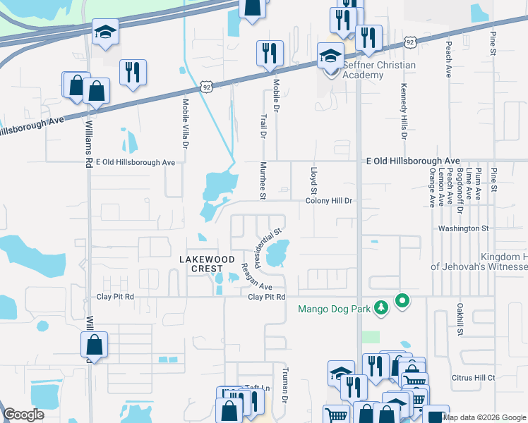 map of restaurants, bars, coffee shops, grocery stores, and more near 5203 Presidential Street in Seffner