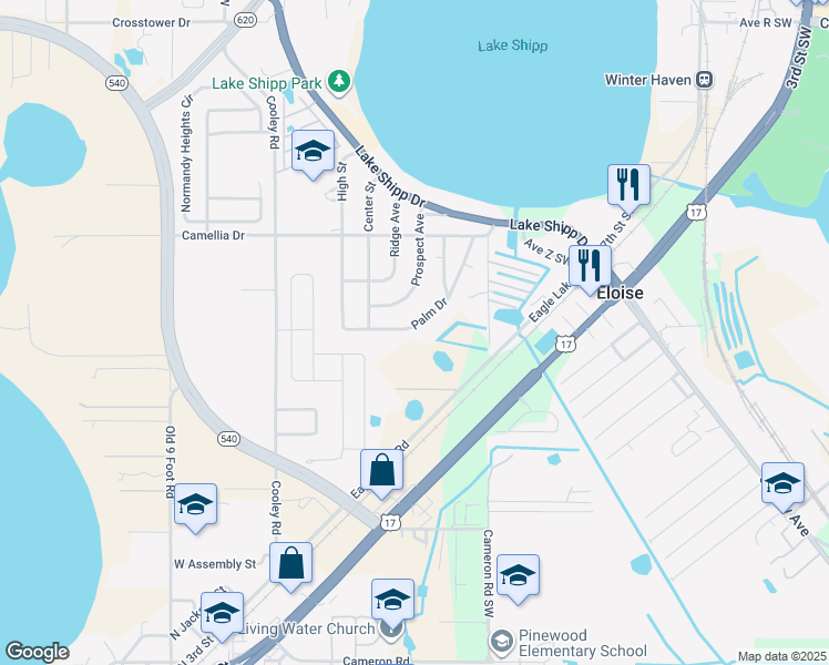map of restaurants, bars, coffee shops, grocery stores, and more near 145 Palm Drive in Winter Haven