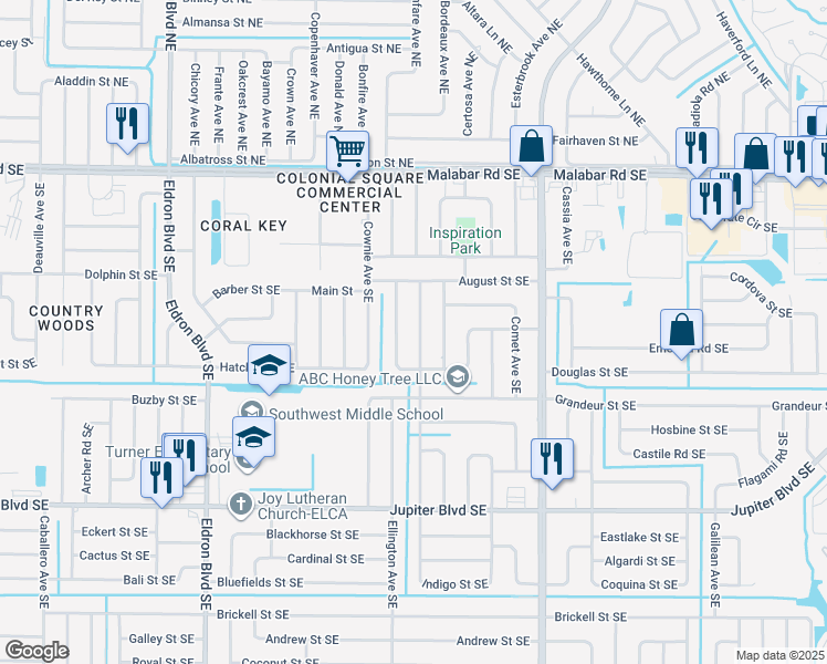 map of restaurants, bars, coffee shops, grocery stores, and more near 298 Charlotta Avenue Southeast in Palm Bay