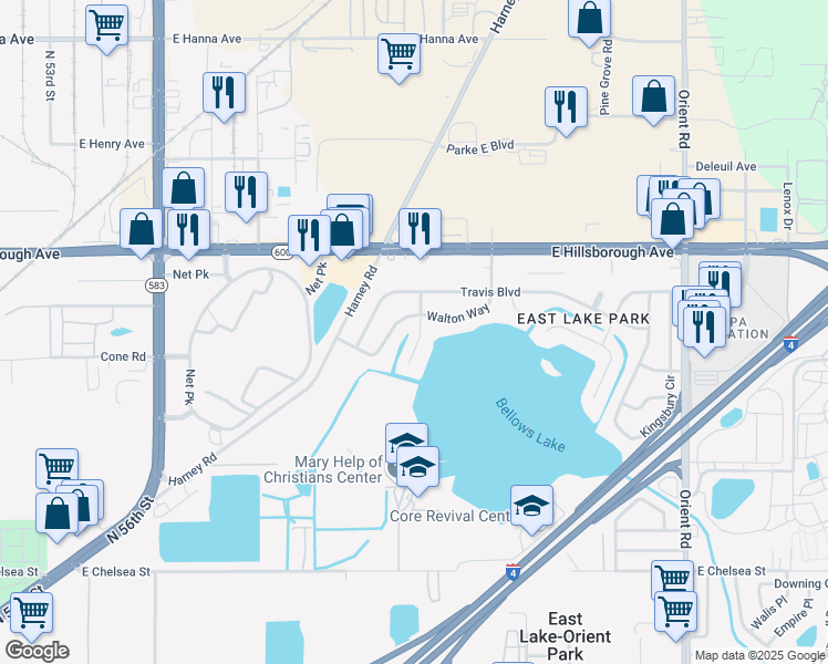 map of restaurants, bars, coffee shops, grocery stores, and more near 5116 Vinson Drive in Tampa