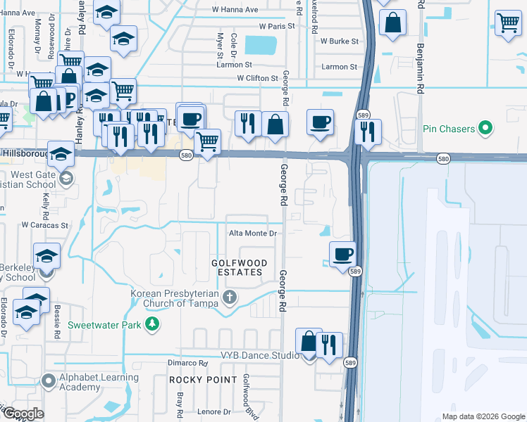 map of restaurants, bars, coffee shops, grocery stores, and more near 6507 La Mesa Circle in Tampa