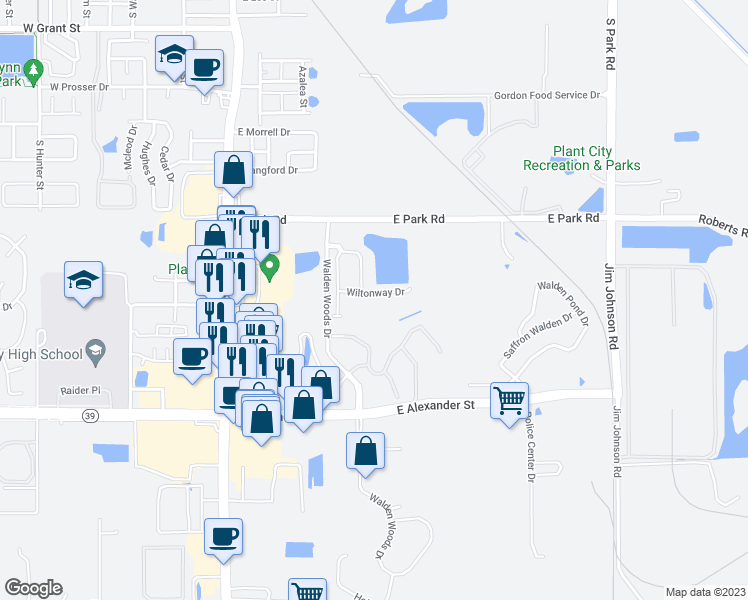 map of restaurants, bars, coffee shops, grocery stores, and more near 820 Wiltonway Drive in Plant City
