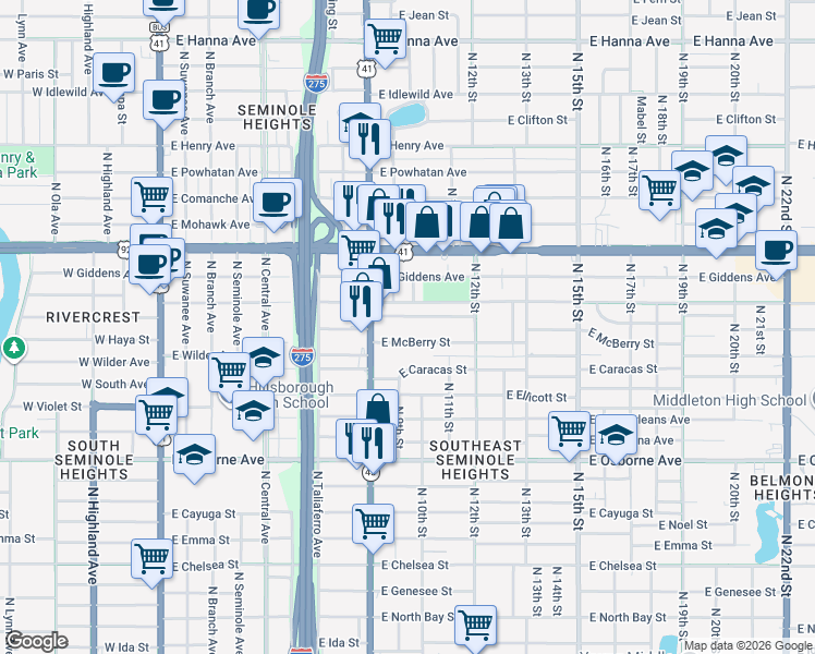 map of restaurants, bars, coffee shops, grocery stores, and more near 917 East Shadowlawn Avenue in Tampa