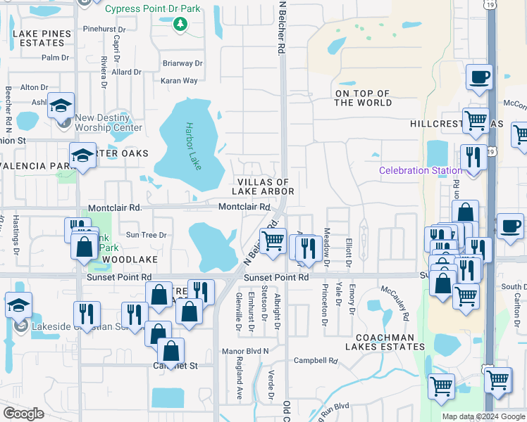 map of restaurants, bars, coffee shops, grocery stores, and more near 2280 Montview Drive in Clearwater