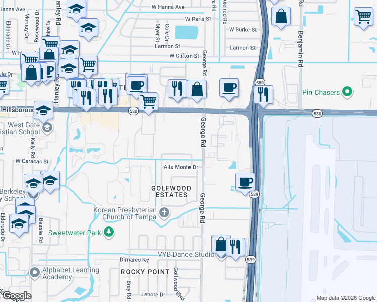 map of restaurants, bars, coffee shops, grocery stores, and more near 6507 La Mesa Circle in Tampa
