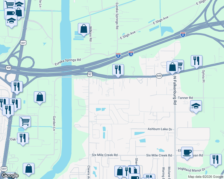 map of restaurants, bars, coffee shops, grocery stores, and more near 9601 U.S. 92 in Tampa