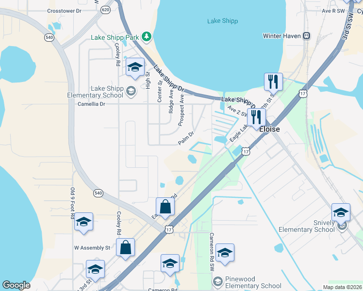 map of restaurants, bars, coffee shops, grocery stores, and more near 145 Palm Drive in Winter Haven