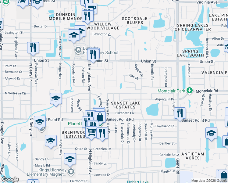 map of restaurants, bars, coffee shops, grocery stores, and more near 1574 Souvenir Drive in Clearwater