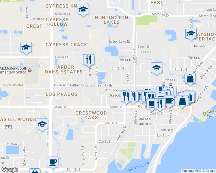 map of restaurants, bars, coffee shops, grocery stores, and more near 1140 Doctor ML King JR Street North in Safety Harbor