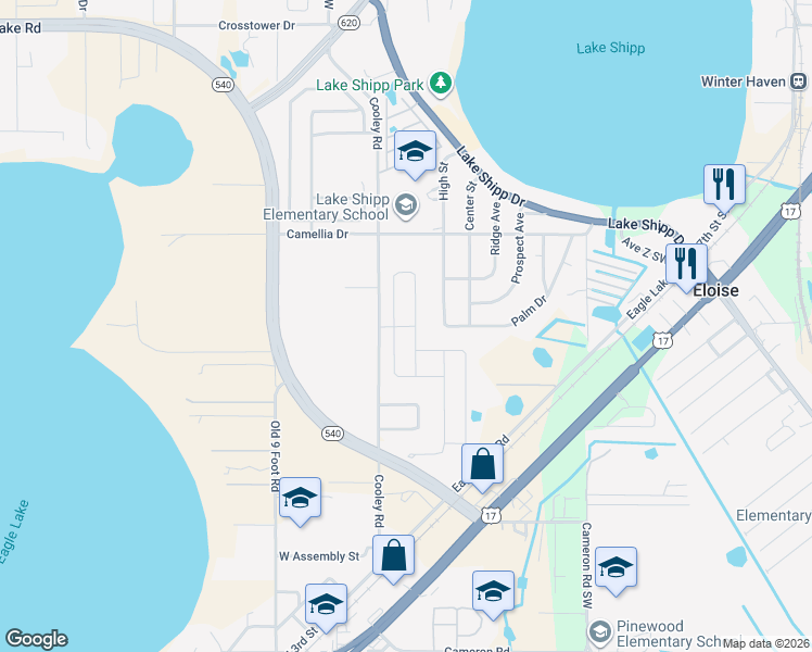 map of restaurants, bars, coffee shops, grocery stores, and more near 1125 Cooley Road in Winter Haven