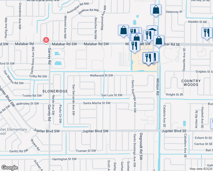 map of restaurants, bars, coffee shops, grocery stores, and more near 359 Trenton Avenue Southwest in Palm Bay