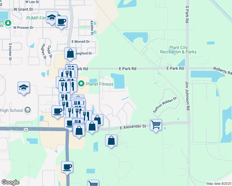 map of restaurants, bars, coffee shops, grocery stores, and more near 844 Wiltonway Drive in Plant City