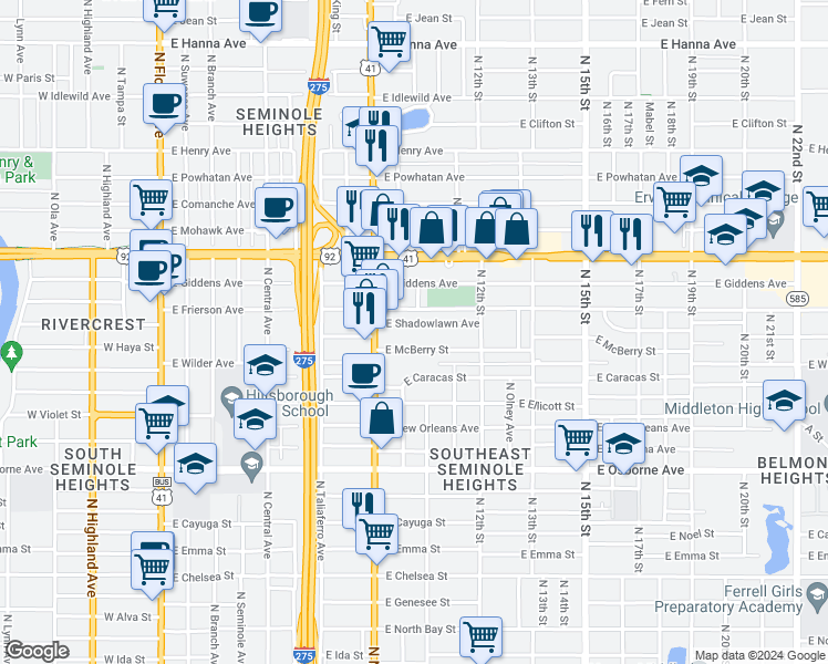 map of restaurants, bars, coffee shops, grocery stores, and more near 920 East McBerry Street in Tampa