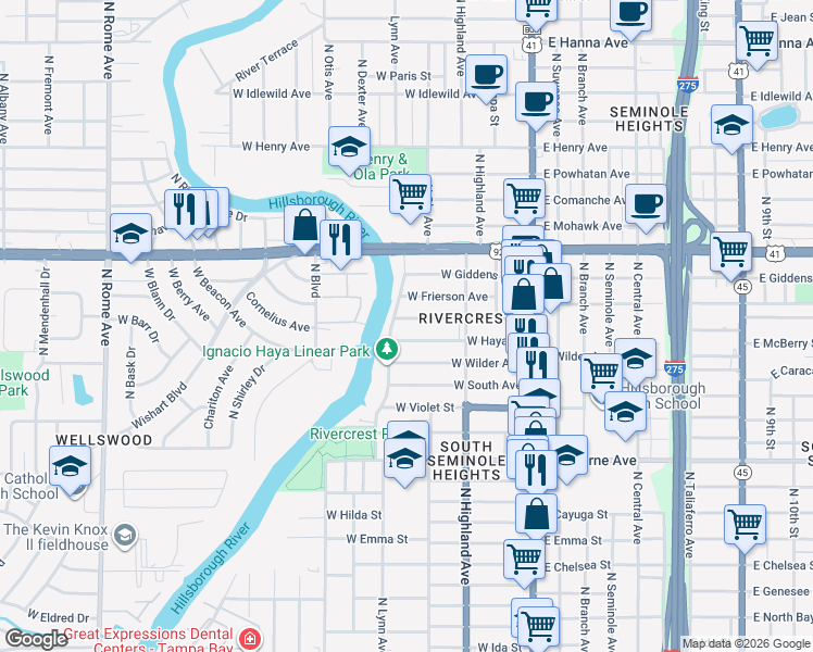 map of restaurants, bars, coffee shops, grocery stores, and more near 325 West Haya Street in Tampa