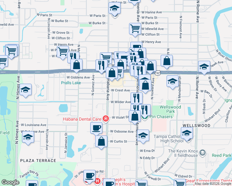 map of restaurants, bars, coffee shops, grocery stores, and more near 5107 Rohn Avenue North in Tampa