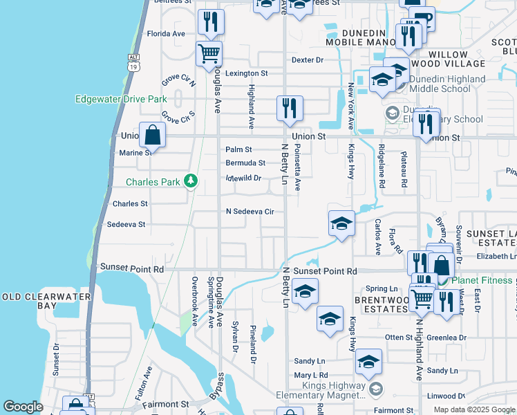 map of restaurants, bars, coffee shops, grocery stores, and more near 1267 North Sedeeva Circle in Clearwater