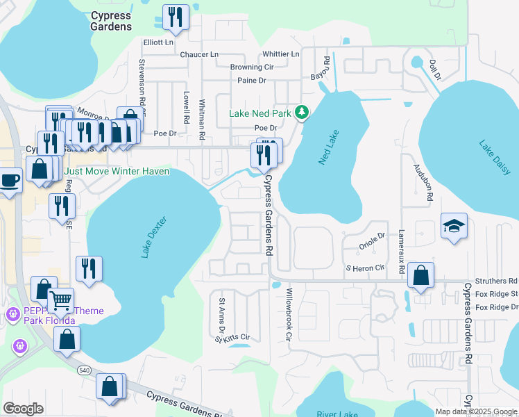 map of restaurants, bars, coffee shops, grocery stores, and more near 3916 Cypress Landing North in Winter Haven