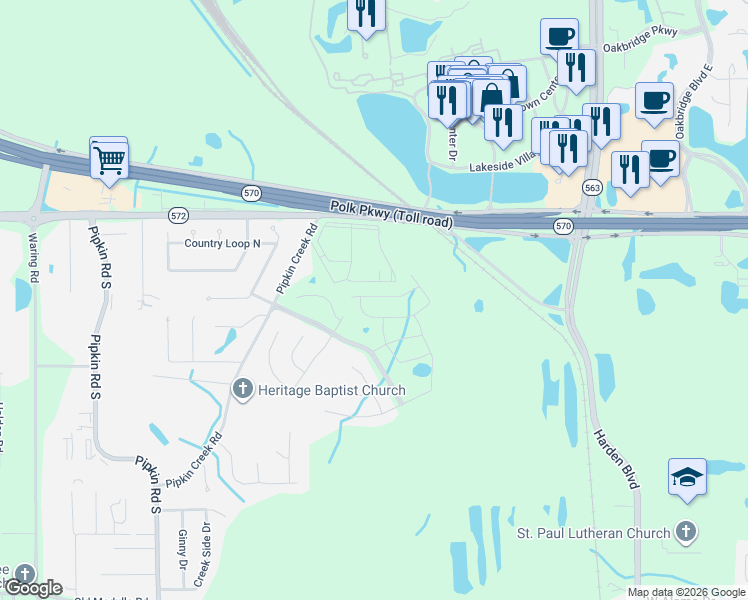map of restaurants, bars, coffee shops, grocery stores, and more near 3900 Pipkin Creek Road in Lakeland