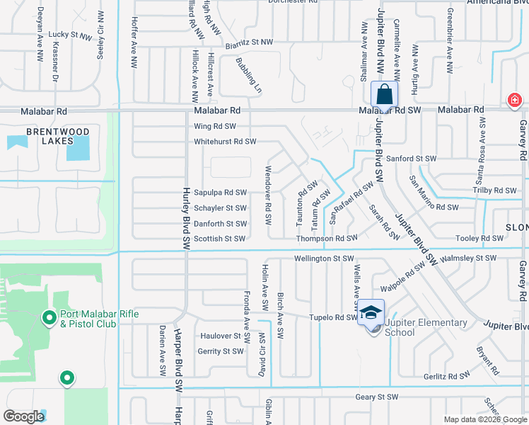 map of restaurants, bars, coffee shops, grocery stores, and more near 361 Seabull Avenue Southwest in Palm Bay