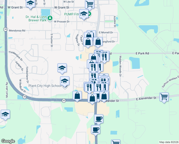 map of restaurants, bars, coffee shops, grocery stores, and more near 2001 James L Redman Parkway in Plant City