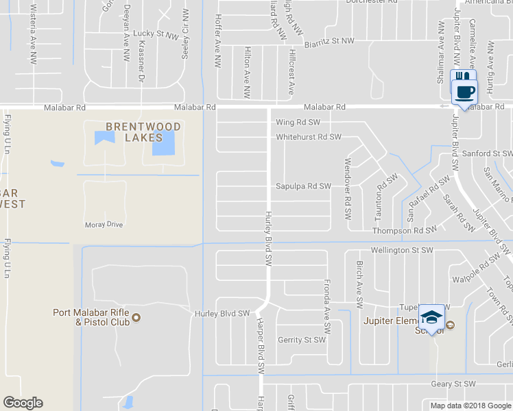 map of restaurants, bars, coffee shops, grocery stores, and more near 1320 Schayler Street Southwest in Palm Bay