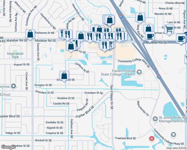 map of restaurants, bars, coffee shops, grocery stores, and more near 312 Albedo Avenue Southeast in Palm Bay