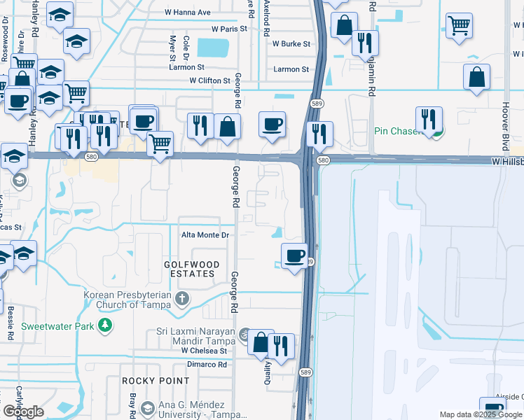 map of restaurants, bars, coffee shops, grocery stores, and more near 6203 Paddock Glen Drive in Tampa