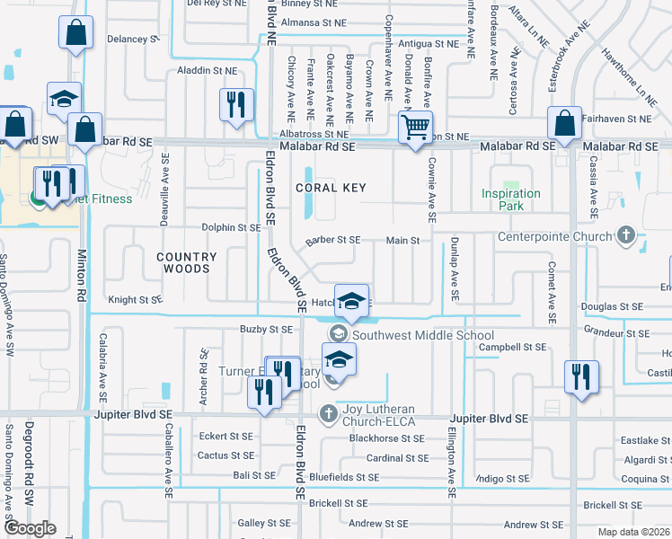 map of restaurants, bars, coffee shops, grocery stores, and more near 491 Gregory Street Southeast in Palm Bay