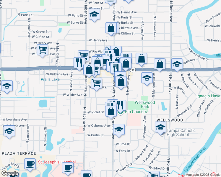 map of restaurants, bars, coffee shops, grocery stores, and more near 5110 North Armenia Avenue in Tampa
