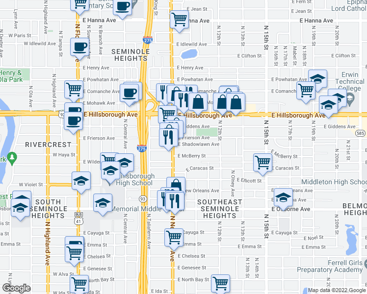 map of restaurants, bars, coffee shops, grocery stores, and more near 909 East Shadowlawn Avenue in Tampa