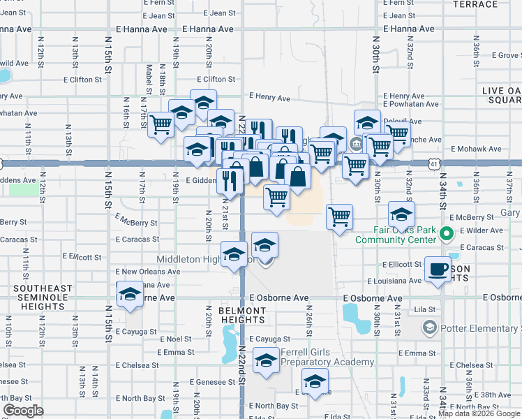 map of restaurants, bars, coffee shops, grocery stores, and more near 5107 North 22nd Street in Tampa